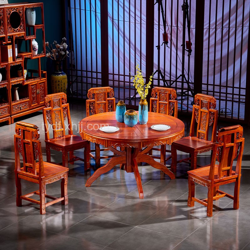 簡約中式榆木(mù)圓形餐桌靠背餐椅組合01