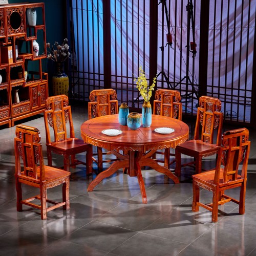 簡約中式榆木(mù)圓形餐桌靠背餐椅組合01