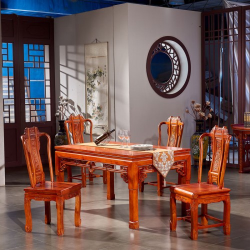 仿古新中式榆木(mù)長(cháng)方形餐桌椅組合04