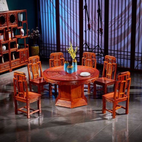新中式雕花(huā)榆木(mù)圓形餐桌高(gāo)背餐椅組合06