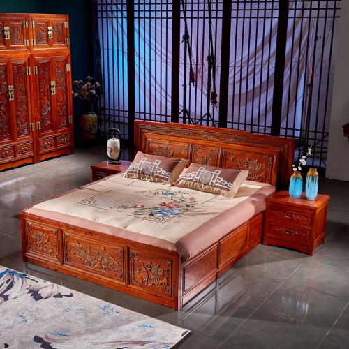 明(míng)清古典榆木(mù)雙人(rén)床卧室家(jiā)具中式雕花(huā)儲物(wù)床08