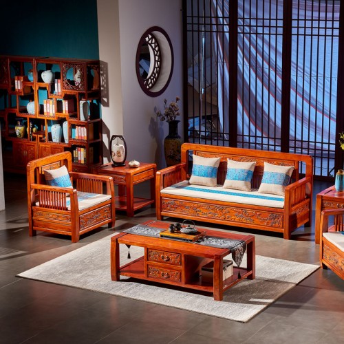 新中式簡約榆木(mù)沙發仿古雕花(huā)沙發24