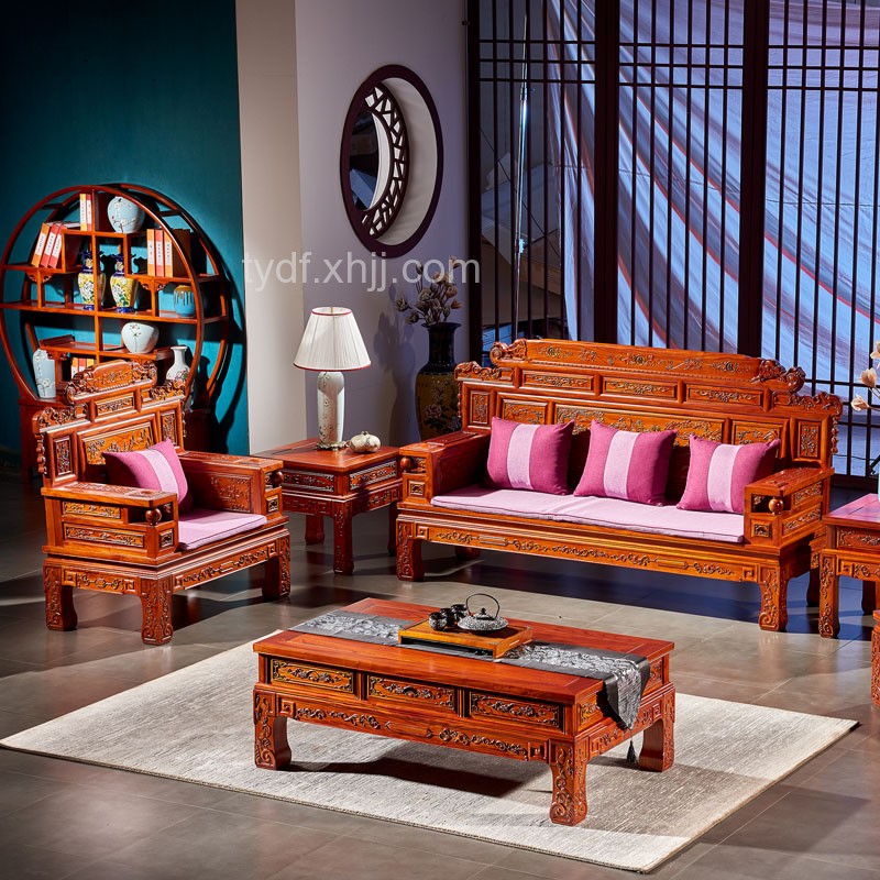 複古榆木(mù)沙發新中式雕花(huā)實木(mù)沙發六件(jiàn)套組合30