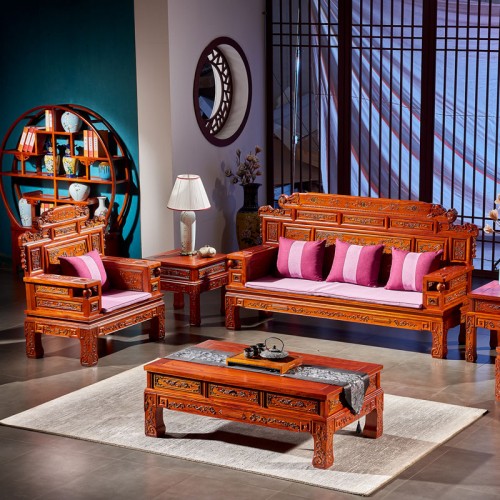 複古榆木(mù)沙發新中式雕花(huā)實木(mù)沙發六件(jiàn)套組合30